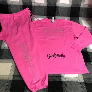 VS PINK CAMPUS SWEATPANTS & LONG SLEEVE TEE WITH SLEIGH QUEEN BLING LOGO XS-M